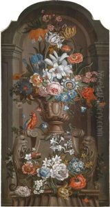 Ein Stillleben Mit Einer Blumenvase Und Einem Papagei In Einer Nische Ein Stillleben Mit Einer Blumenvase Und Einem Papagei In Einer Nische