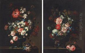 Roses, Tulips, Carnations And Other Flowers In A Glass Vase (+ Another; 2 Works)