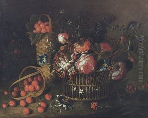 Roses, Violets And Other Flowers In A Basket, A Basket Of Strawberries And A Laying Basket With Raspberries by Pieter Hardime