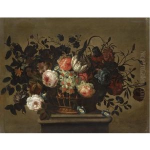 A Flower Still Life With A Tulip, Roses, Bluebells, Daffodills And Carnations In A Basket On A Ledge