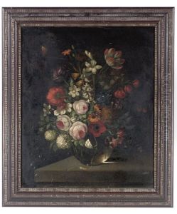 Roses, Poppies, Snowdrops, Narcissi And Other Flowers In A Glass Bowl On A Ledge by Pieter Hardime