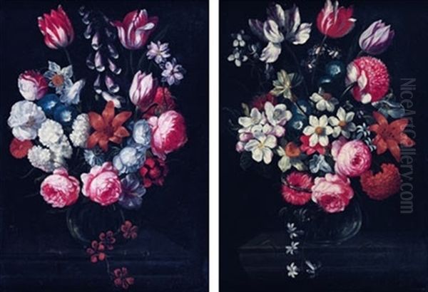Nature Morte Au Vase De Fleurs Sur Un Entablement (+ Another; Pair) - view 1