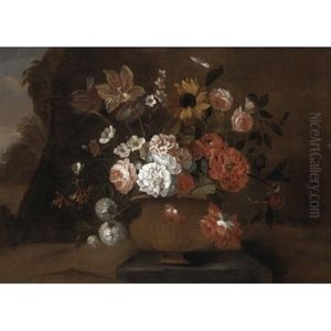 Still Life With Tulips, Morning Glory, Honeysuckle, And Other Flowers In A Bronze Urn In A Landscape