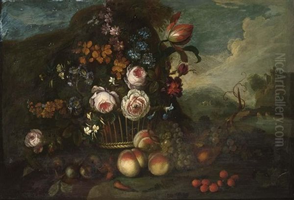 A Still Life With Roses, A Tulip And Other Flowers In A Basket, Peaches, Grapes And Strawberries In Front, In A Landscape - view 1
