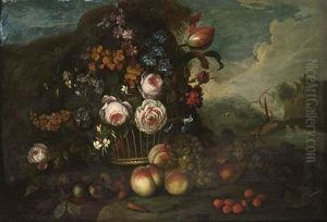 A Still Life With Roses, A Tulip And Other Flowers In A Basket, Peaches, Grapes And Strawberries In Front, In A Landscape by Pieter Hardime