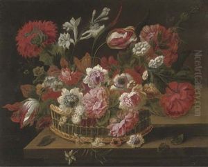 Parrot Tulips, Freesias, Narcissi, Roses, Chrysanthemums And Other Flowers In A Basket On A Ledge