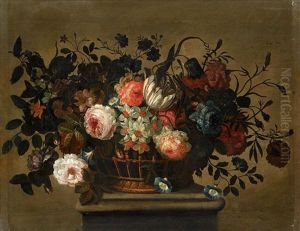 A Flower Still Life With A Tulip, Roses, Bluebells, Daffodills And Carnations In A Basket On A Ledge by Pieter Hardime