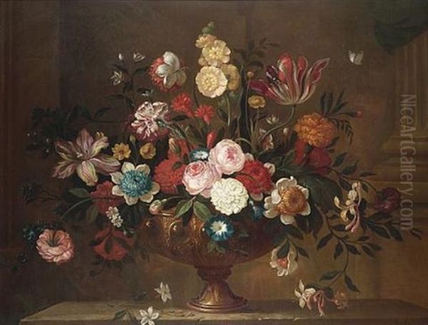Tulips, Carnations, Roses, Honeysuckle And Morning Glory In A Bronze Urn On A Stone Ledge - view 1