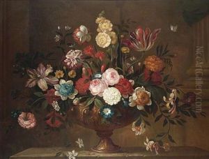 Tulips, Carnations, Roses, Honeysuckle And Morning Glory In A Bronze Urn On A Stone Ledge by Pieter Hardime