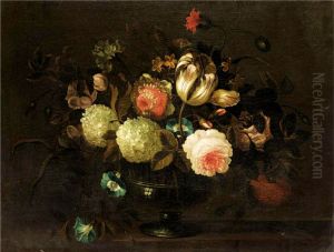 Still Life With A Tulip, Roses, Carnations, Morning Glory And Other Flowers In A Glass Vase On A Stone Ledge