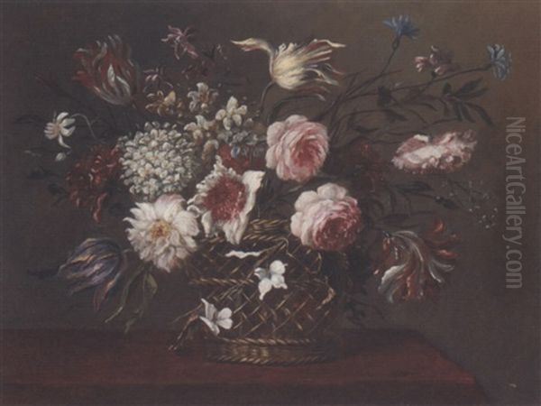 Parrot Tulips, Narcissi, Roses And Other Mixed Flowers In A Basket On A Table - view 1