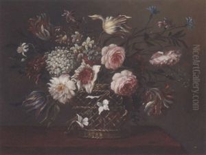 Parrot Tulips, Narcissi, Roses And Other Mixed Flowers In A Basket On A Table by Pieter Hardime