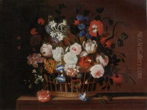Roses, Tulips, Morning Glory, Carnations, Delphinium, Primrose And Other Flowers In A Basket On A Stone Ledge by Pieter Hardime
