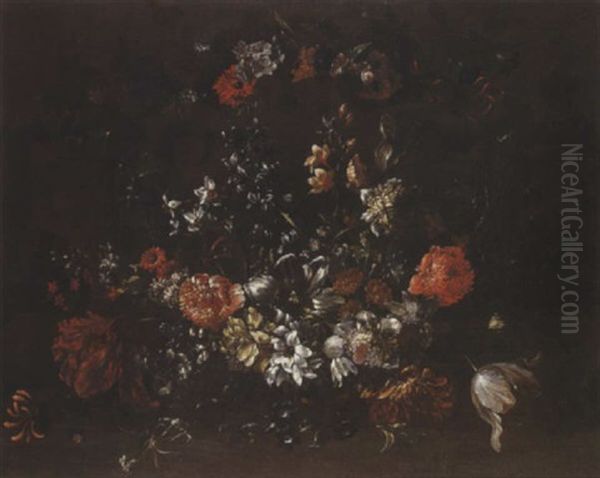 Guirlande De Fleurs Decorant Un Cartouche Sculpte - view 1
