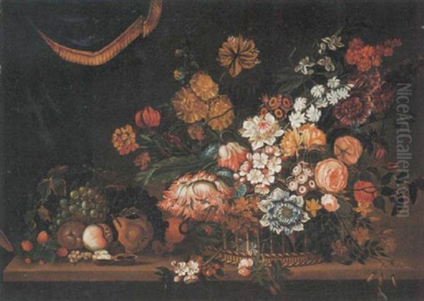 A Still Life Of Flowers And Fruit In A Basket, All Resting Upon A Table, A Draped Curtain Beyond - view 1