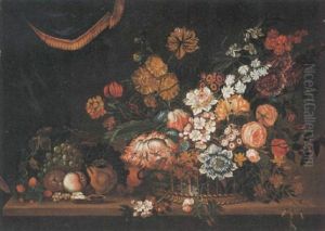 A Still Life Of Flowers And Fruit In A Basket, All Resting Upon A Table, A Draped Curtain Beyond by Pieter Hardime