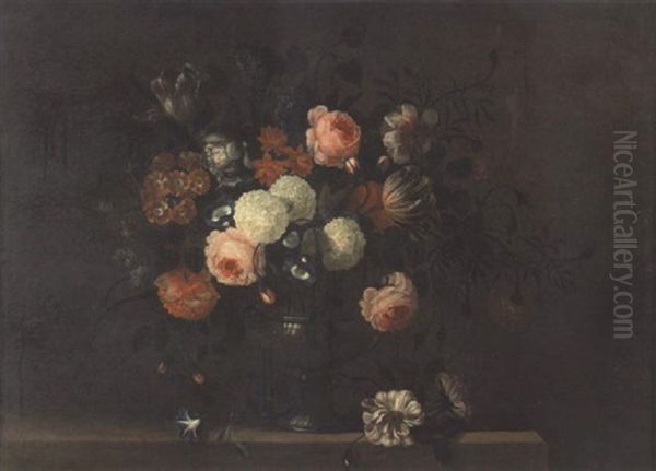 Roses, Tulips, Peonies, Morning Glory And Other Flowers In A Glass Vase On A Stone Ledge - view 1
