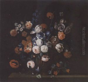 Roses, Narcissi, Tulips, Convolvulus, Poppies And Other Flowers In A Bronze Vase On A Stone Ledge by Pieter Hardime