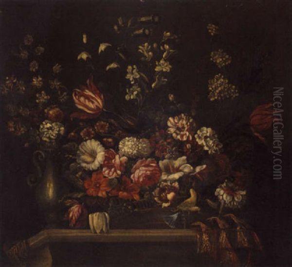A Still Life Of Flowers In A Basket And A Vase On A Ledge - view 1