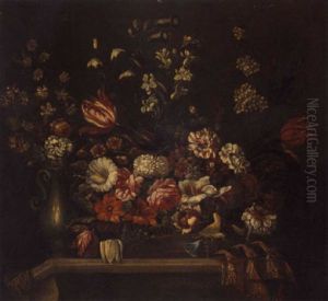 A Still Life Of Flowers In A Basket And A Vase On A Ledge