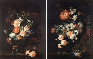 Still Life Of Roses, Tulips, Convolvuli, Chrysenthamums, Hyacinths, Peonies And Other Flowers In A Glass Vases, Both Set Upon Stone Pedestals by Pieter Hardime