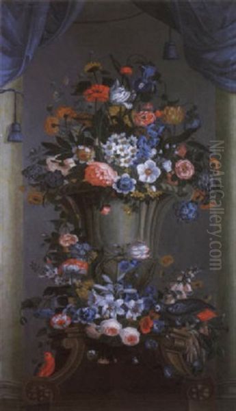 Carnations, Irises And Other Flowers In An Ornamental Stone Urn With Two Macaws Beneath A Blue Curtain - view 1