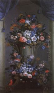 Carnations, Irises And Other Flowers In An Ornamental Stone Urn With Two Macaws Beneath A Blue Curtain