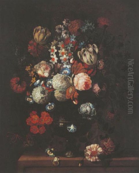 Nature Morte Au Bouquet De Fleurs Dans Un Vase Sur Un Entablement - view 1
