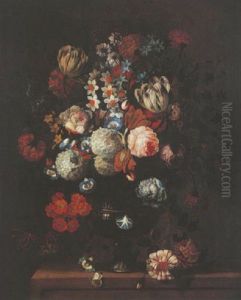 Nature Morte Au Bouquet De Fleurs Dans Un Vase Sur Un Entablement by Pieter Hardime