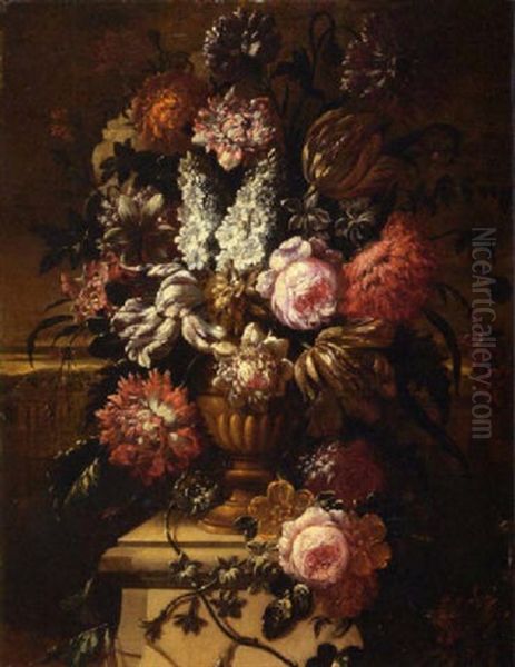 A Still Life With Roses, Peonies, Tulips And Other Flowers In A Terracotta Vase On A Pedestal - view 1