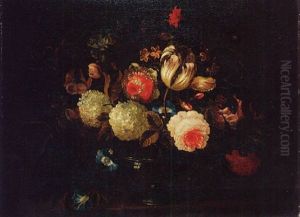 A Tulip, Roses, Carnations, Morning Glory And Other Flowers In A Glass Vase On A Ledge by Pieter Hardime