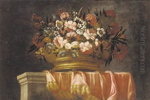 Mixed Flowers In An Urn On A Draped Ledge - view 1