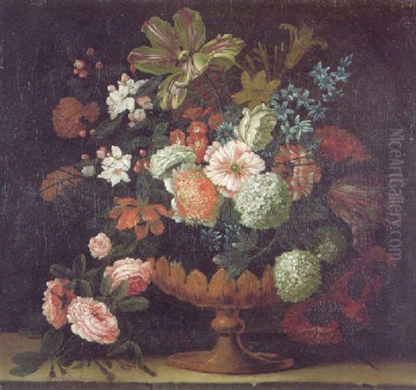 A Still Life Of Tulips, Roses, Lilies, Hyacinths And Other Flowers In A Gold Mounted Vase On A Stone Ledge - view 1