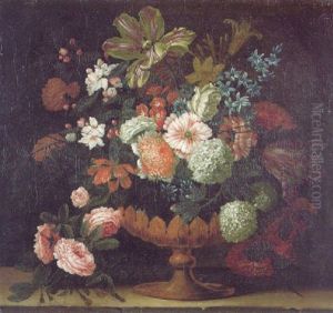 A Still Life Of Tulips, Roses, Lilies, Hyacinths And Other Flowers In A Gold Mounted Vase On A Stone Ledge