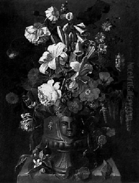 Still Life Of Lilies, Roses, And Other Flowers In A Sculpted Vase - view 1