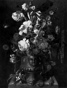 Still Life Of Lilies, Roses, And Other Flowers In A Sculpted Vase by Pieter Hardime