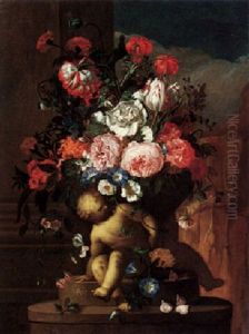 A Still Life Of Roses, Peonies, A Variegated Tulip, Carnations, Daisies, And Other Flowers In A Sculpted Urn With Marble Putti