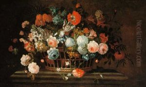 A Still Life Of A Basket Of Roses, Paeonies And Other Flowers With A Cabbage White Butterfly On A Marble Ledge by Pieter Hardime