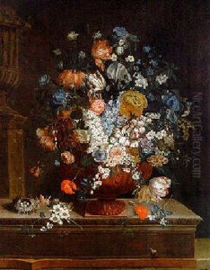 Tulips, Poppies, And Other Flowers In A Sculpted Terracotta Urn