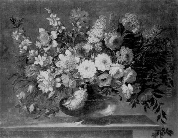 A Still Life Of Lilac, Peonies, Roses And Other Flowers In A Glass Vase On A Stone Ledge - view 1