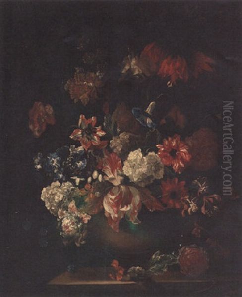 Tulips, Peonies, Convolvulus, And Other Flowers In A Bowl On A Ledge - view 1