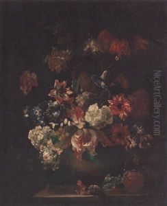 Tulips, Peonies, Convolvulus, And Other Flowers In A Bowl On A Ledge by Pieter Hardime