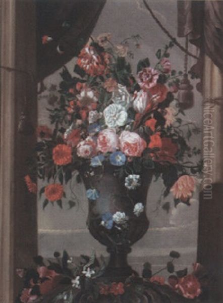 Still Life Of Flowers In Urn Framed By Draped Curtains - view 1