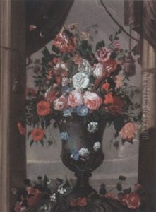 Still Life Of Flowers In Urn Framed By Draped Curtains Still Life Of Flowers In Urn Framed By Draped Curtains