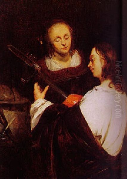 Young Man Playing A Lute, A Young Woman Standing Nearby - view 1