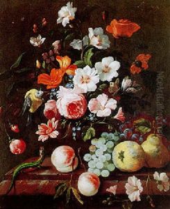 Still Life Of Flowers And Fruit On A Marble Ledge With Bird And Lizard
