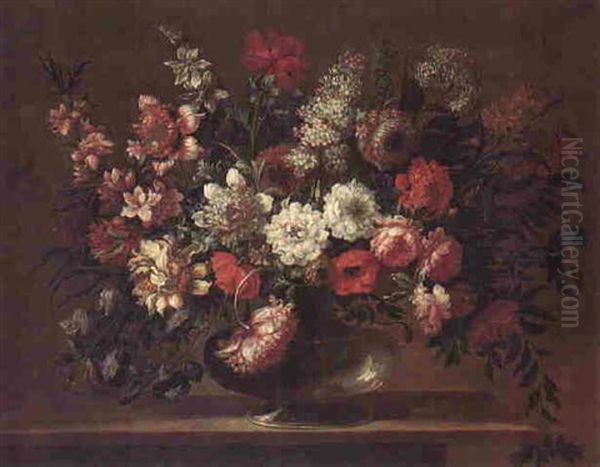 Still Life Of Flowers In A Glass Vase On A Stone Ledge - view 1
