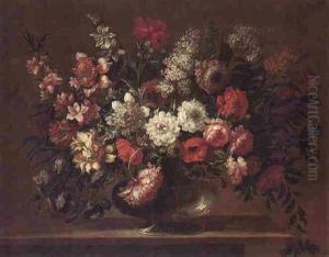 Still Life Of Flowers In A Glass Vase On A Stone Ledge by Pieter Hardime