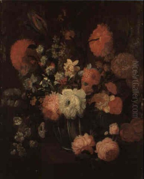 Peonies, Tulips, Roses And Other Flowers In A Ribbed Glass Bowl - view 1