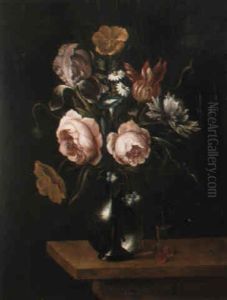 Peonis And Other Flowers In A Glass Vase With Cherries On A Ledge by Pieter Hardime